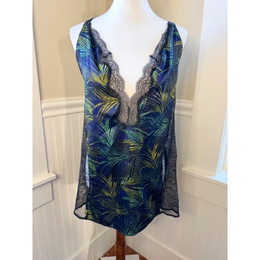 Victoria's Secret Tropical Palm Print Lace Trim Caged Back Slip Nightgown Large
